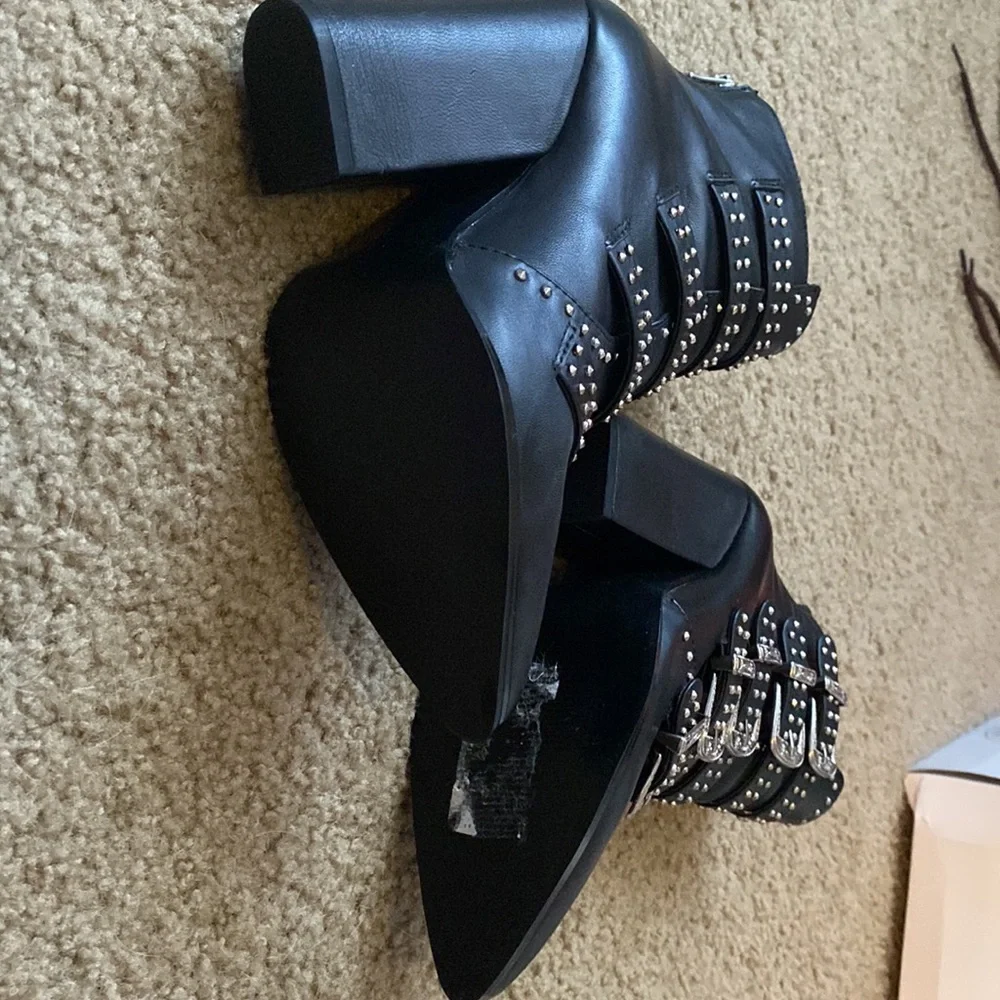 Black Studded Buckle Block Heel Ankle Boots - Picture 5 of 13